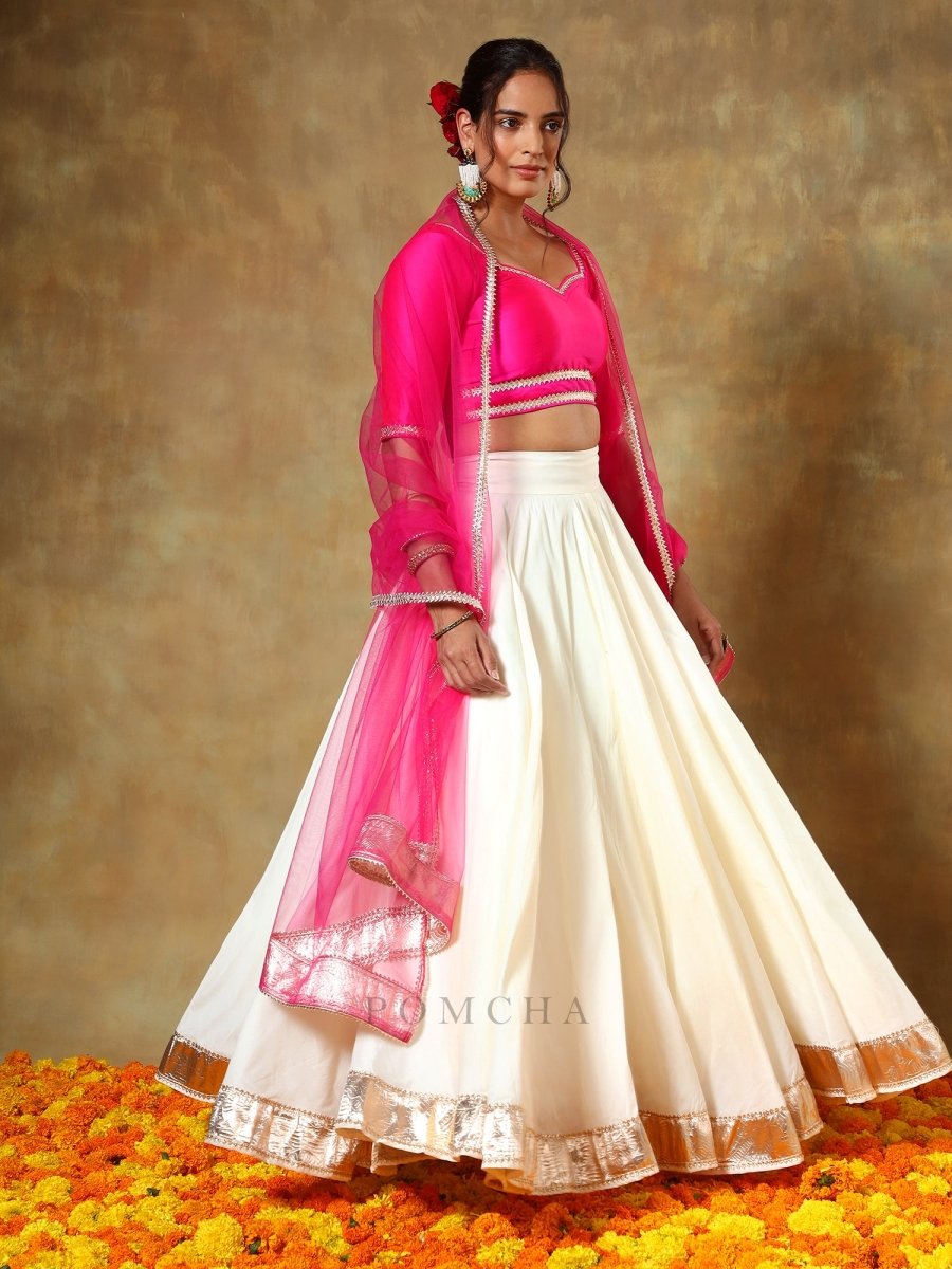 GUZARISH RANI OFF WHITE COTTON SILK LEHENGA SET - Pomcha Jaipur