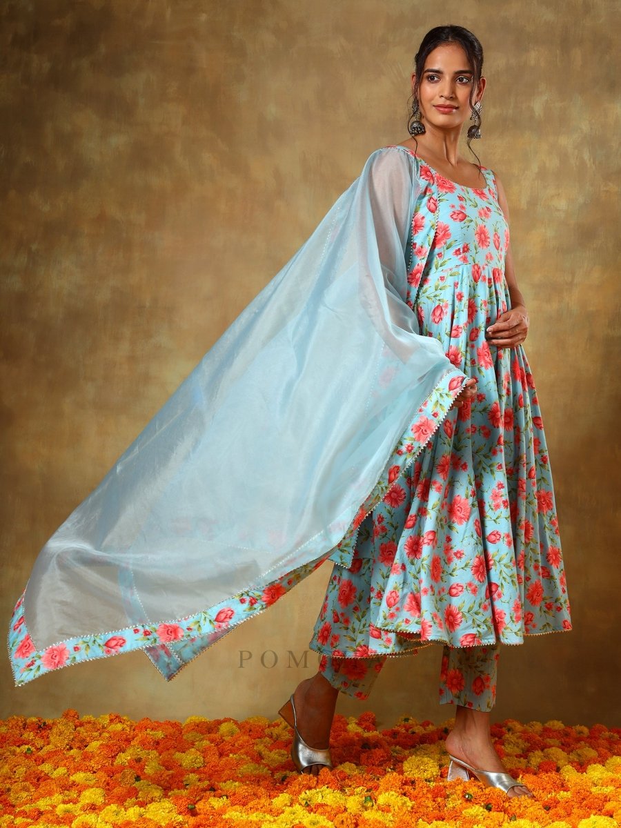 GUZARISH RED FLORAL ANARKALI SET - Pomcha Jaipur