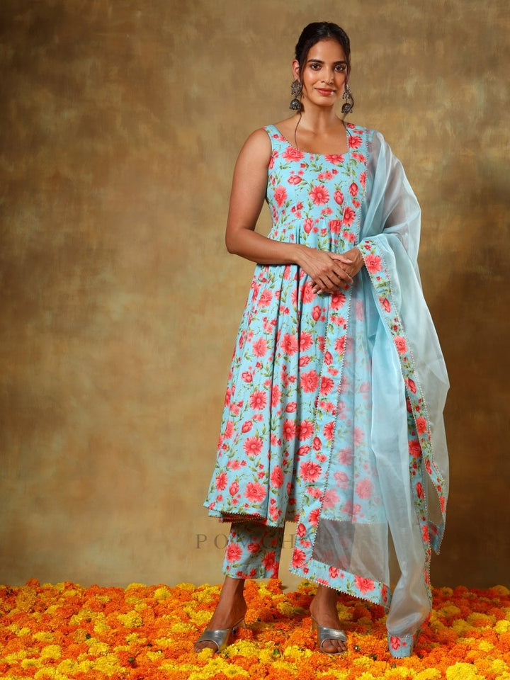 GUZARISH RED FLORAL ANARKALI SET - Pomcha Jaipur