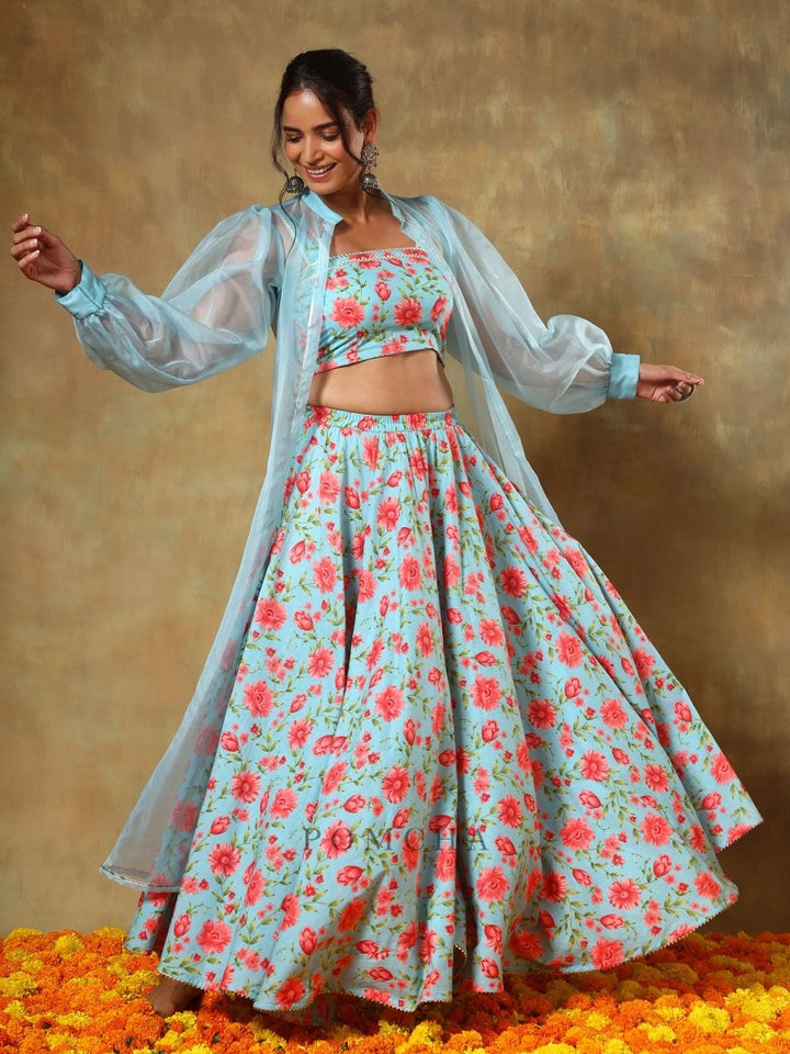 GUZARISH RED FLORAL LEHENGA SET WITH SHRUG - Pomcha Jaipur