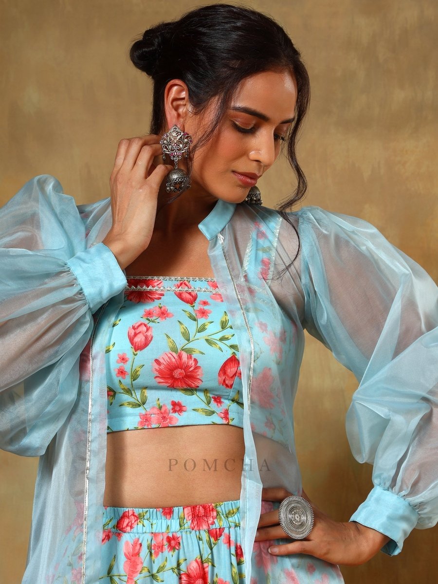 GUZARISH RED FLORAL LEHENGA SET WITH SHRUG - Pomcha Jaipur