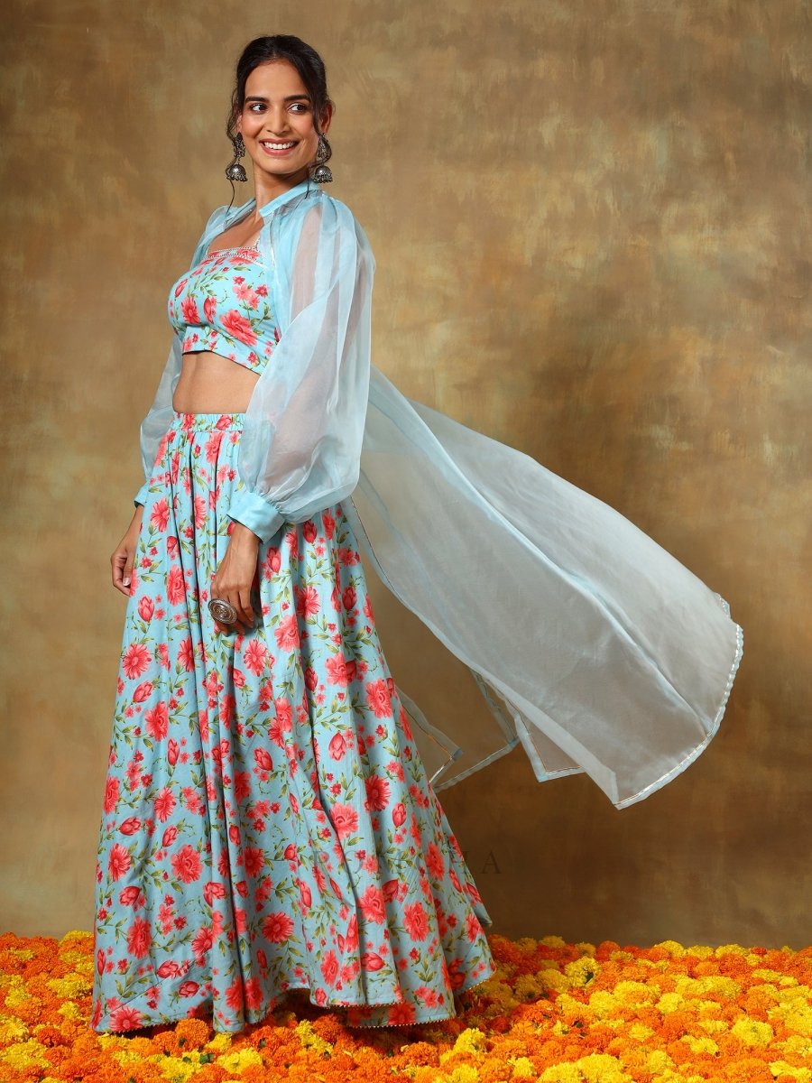 GUZARISH RED FLORAL LEHENGA SET WITH SHRUG - Pomcha Jaipur