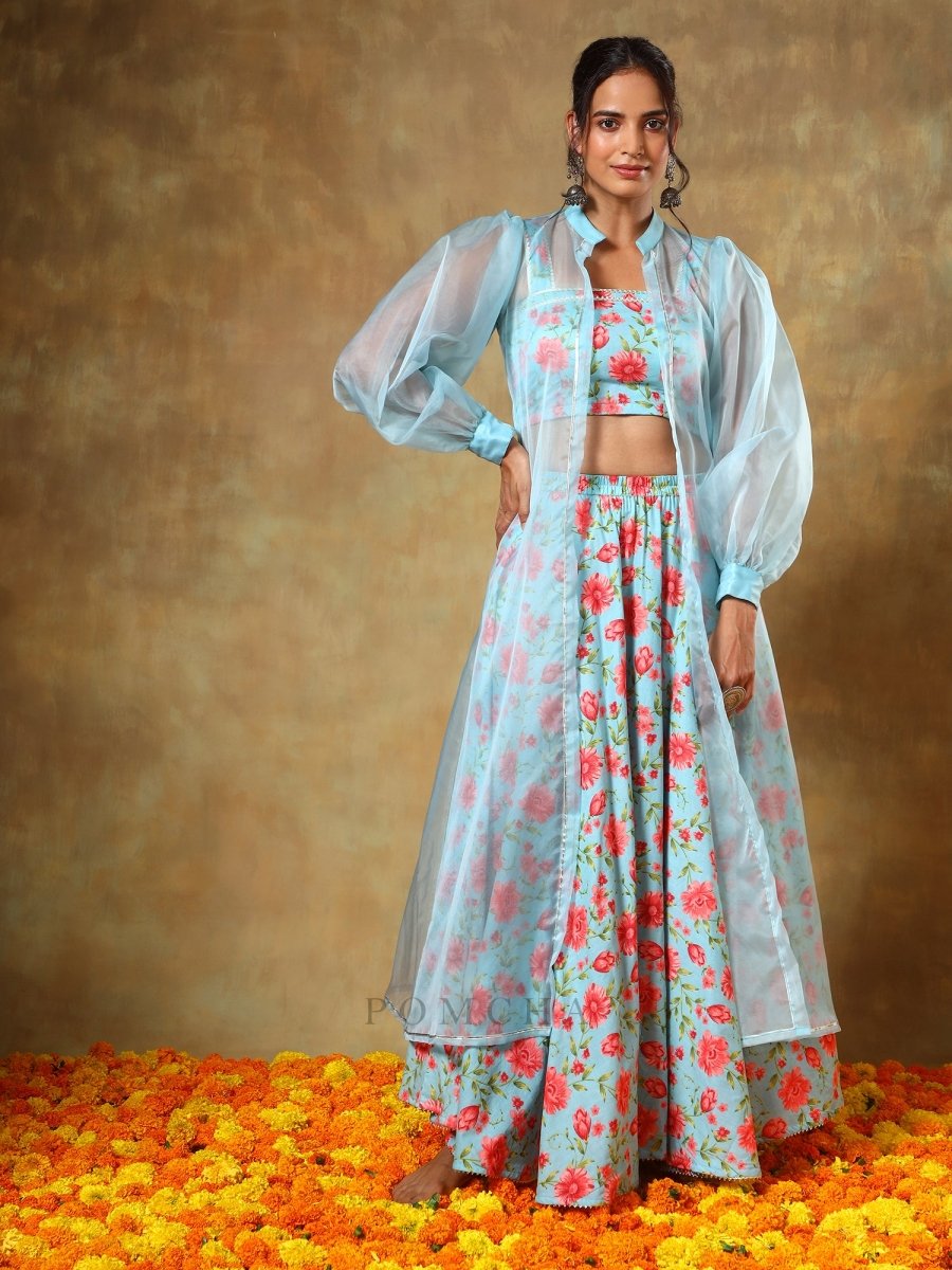 GUZARISH RED FLORAL LEHENGA SET WITH SHRUG - Pomcha Jaipur