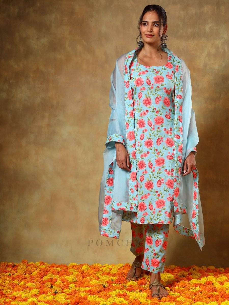 GUZARISH RED FLORAL STRAIGHT SUIT SET - Pomcha Jaipur
