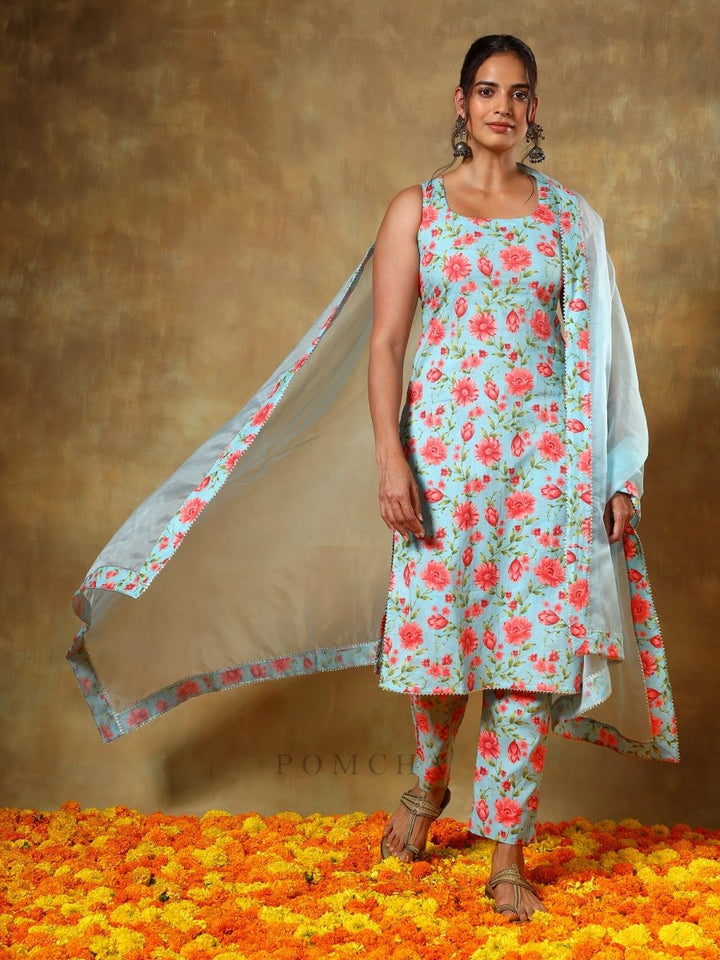 GUZARISH RED FLORAL STRAIGHT SUIT SET - Pomcha Jaipur