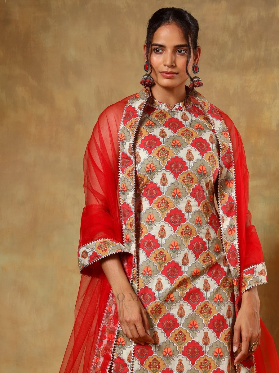 GUZARISH RED HALTER NECK COTTON SUIT SET - Pomcha Jaipur