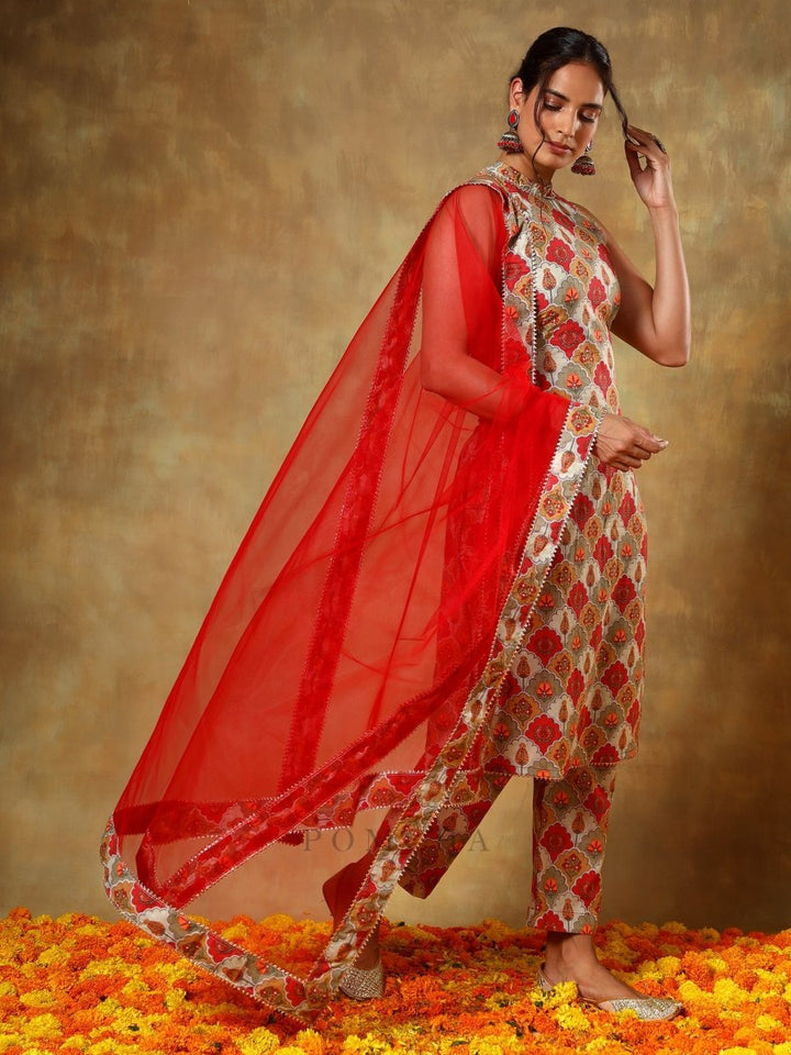 GUZARISH RED HALTER NECK COTTON SUIT SET - Pomcha Jaipur