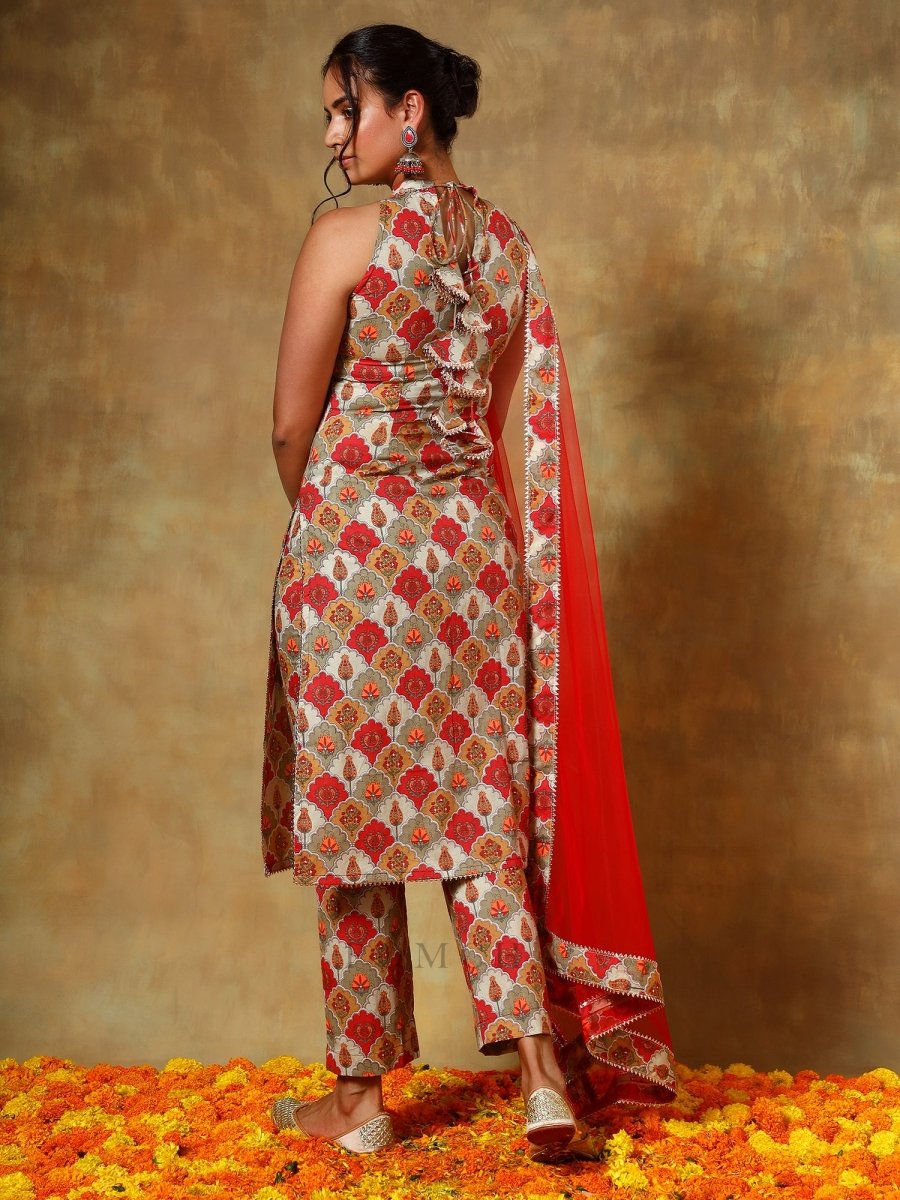 GUZARISH RED HALTER NECK COTTON SUIT SET - Pomcha Jaipur