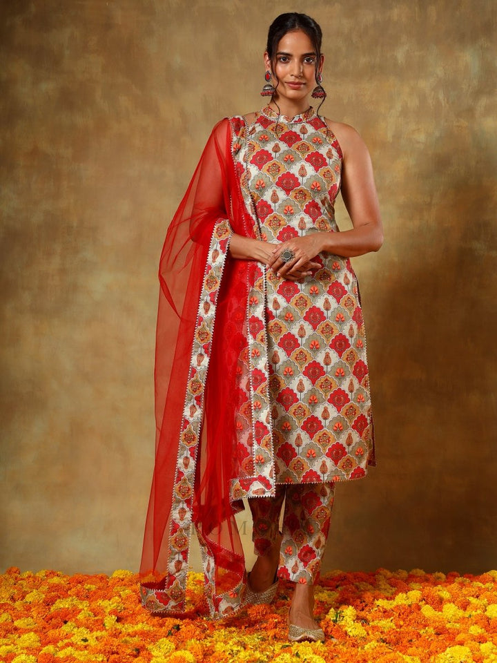 GUZARISH RED HALTER NECK COTTON SUIT SET - Pomcha Jaipur