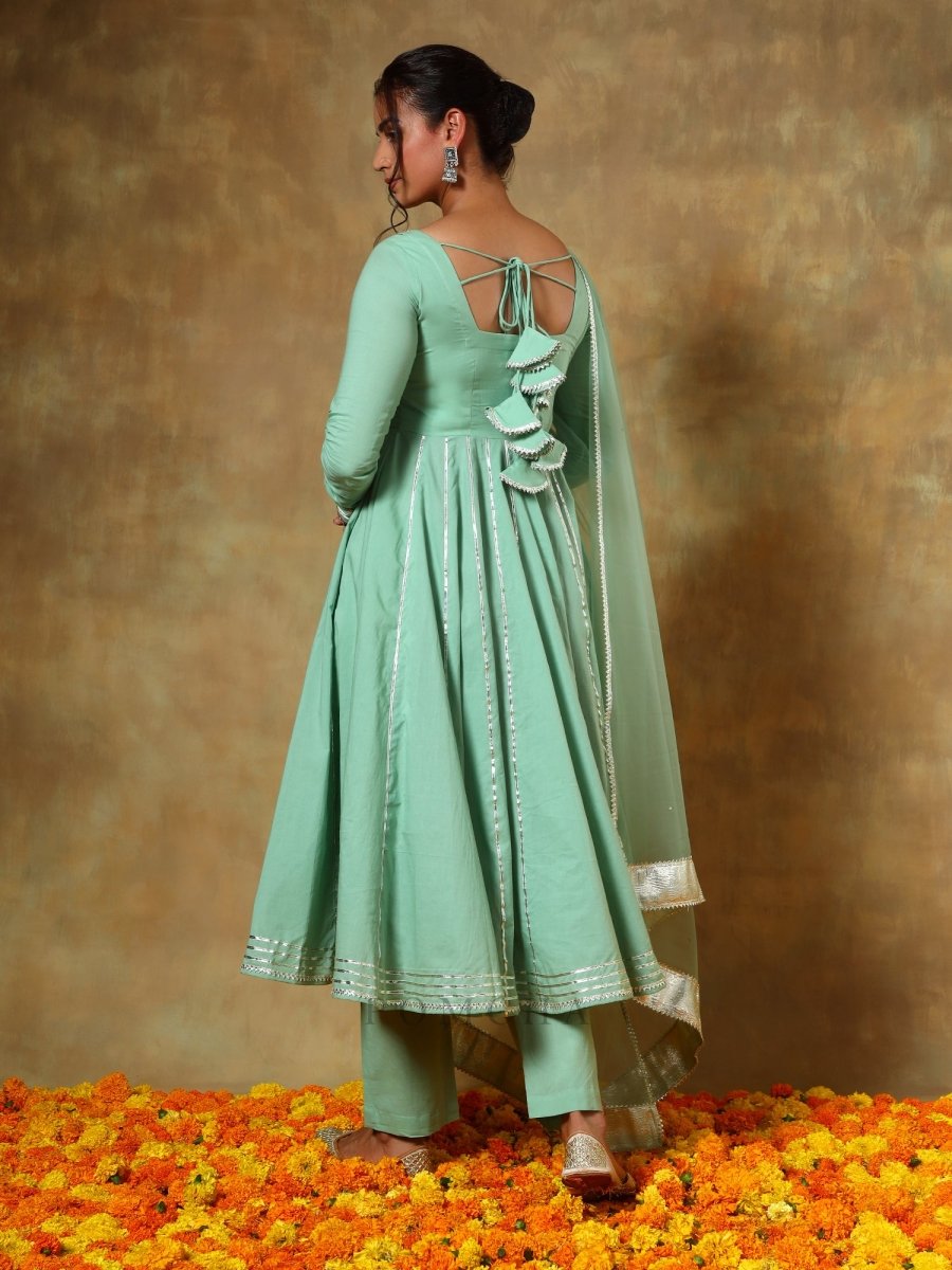 GUZARISH SEA GREEN COTTON ANARKALI SET WITH SOFT NET DUPATTA - Pomcha Jaipur