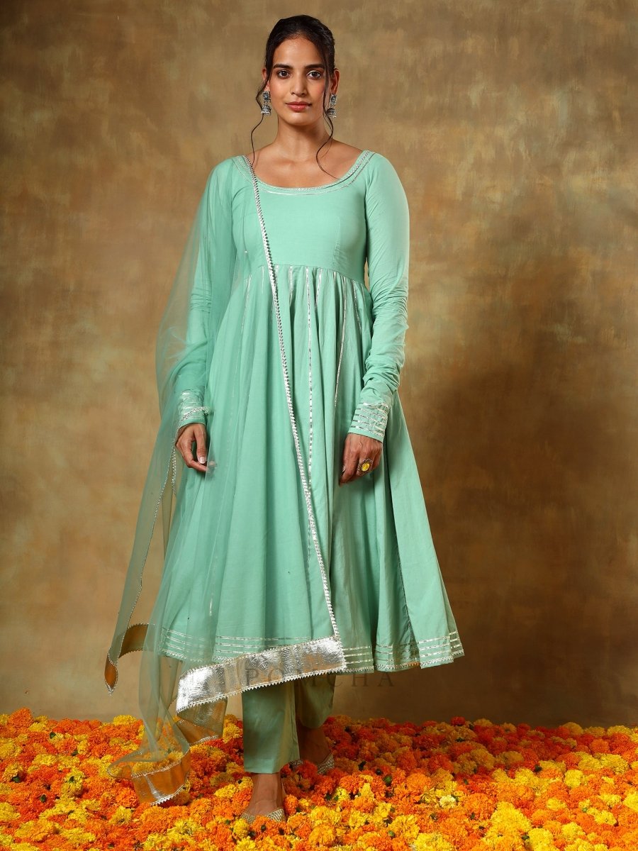 GUZARISH SEA GREEN COTTON ANARKALI SET WITH SOFT NET DUPATTA - Pomcha Jaipur