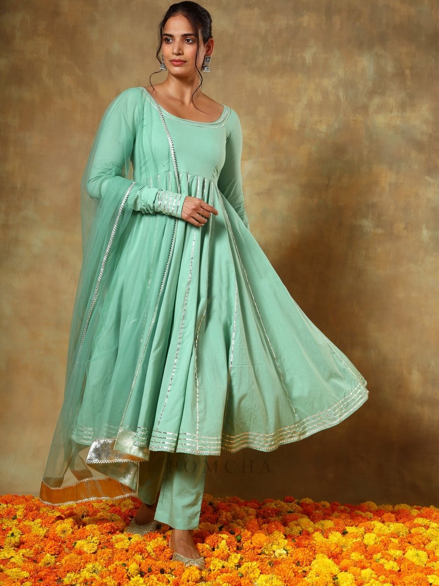 GUZARISH SEA GREEN COTTON ANARKALI SET WITH SOFT NET DUPATTA - Pomcha Jaipur