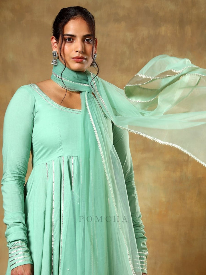 GUZARISH SEA GREEN COTTON ANARKALI SET WITH SOFT NET DUPATTA - Pomcha Jaipur