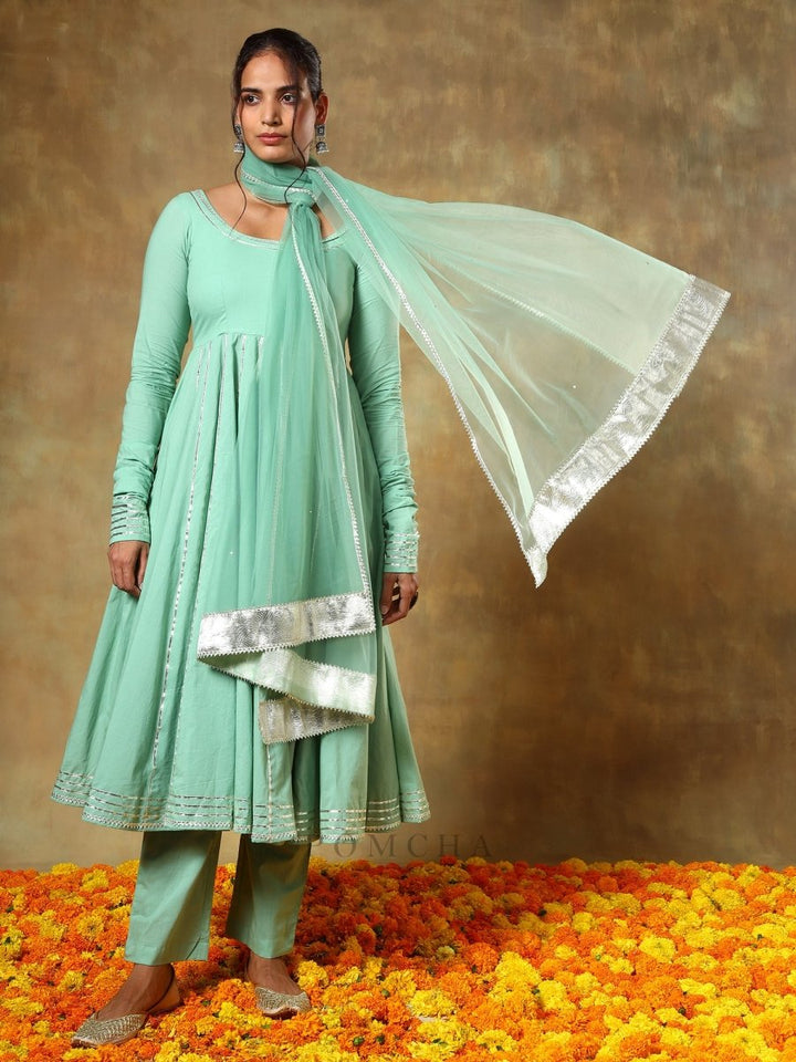 GUZARISH SEA GREEN COTTON ANARKALI SET WITH SOFT NET DUPATTA - Pomcha Jaipur