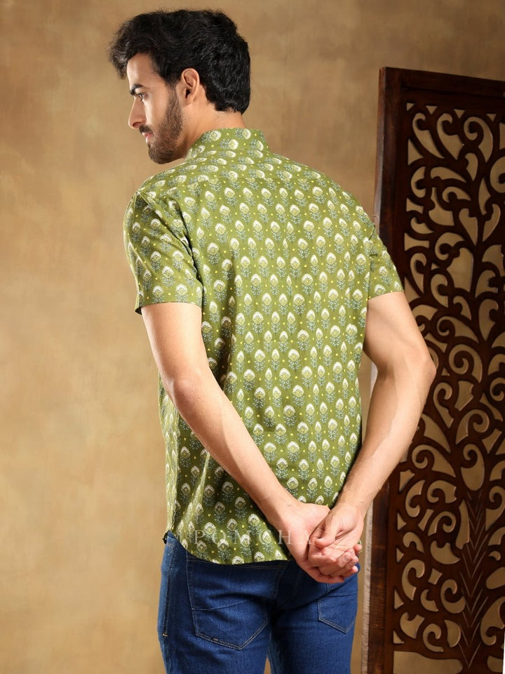 HASRAT GREEN COTTON HAND BLOCK SHIRT - Pomcha Jaipur