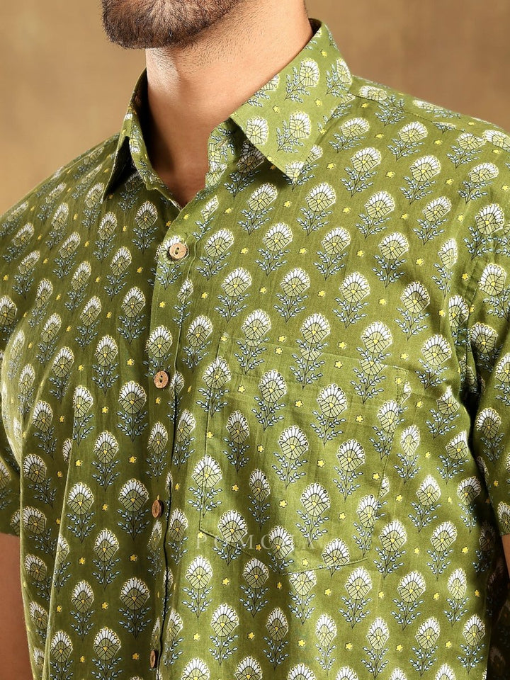 HASRAT GREEN COTTON HAND BLOCK SHIRT - Pomcha Jaipur