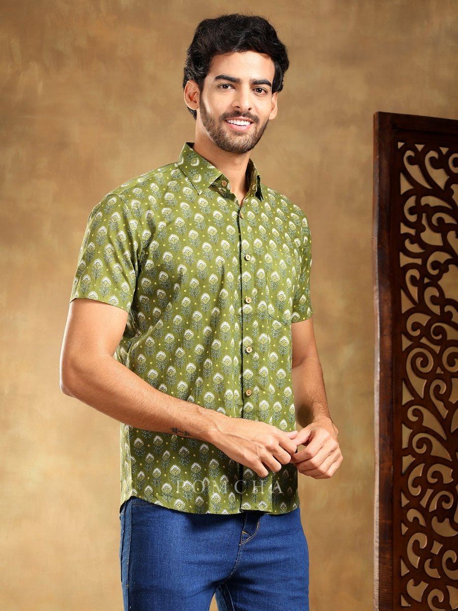 HASRAT GREEN COTTON HAND BLOCK SHIRT - Pomcha Jaipur