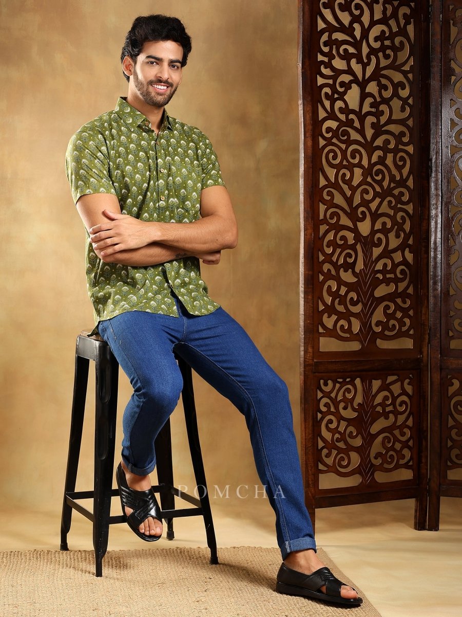 HASRAT GREEN COTTON HAND BLOCK SHIRT - Pomcha Jaipur