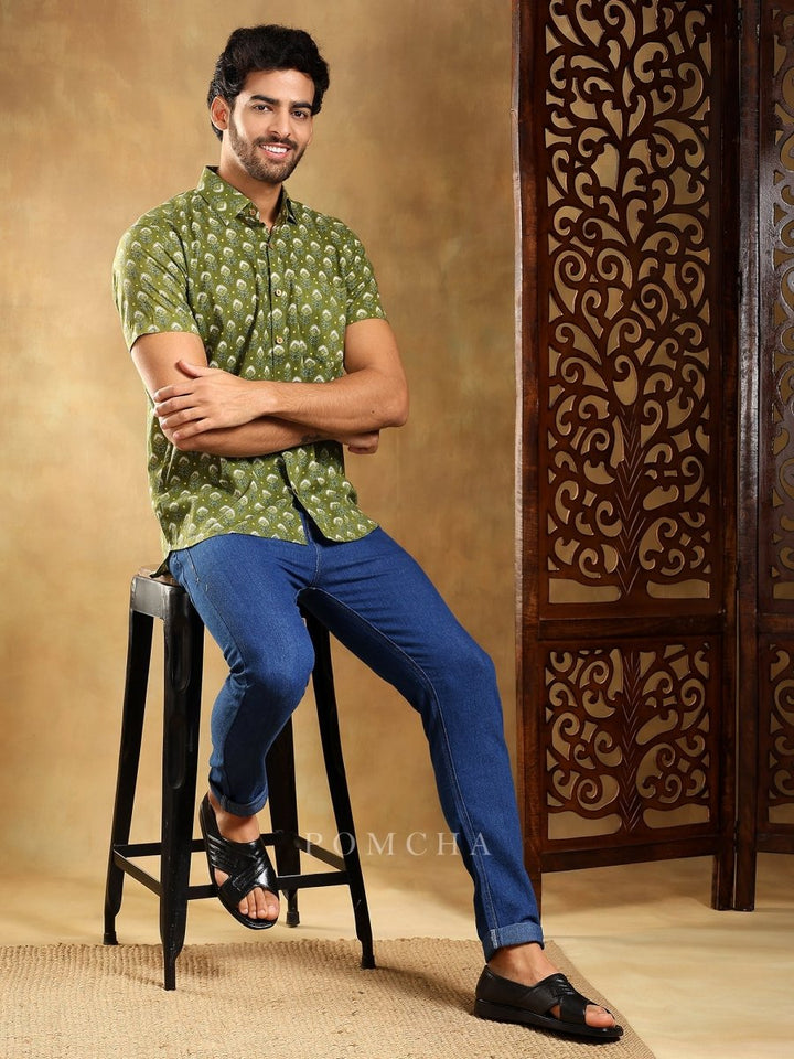 HASRAT GREEN COTTON HAND BLOCK SHIRT - Pomcha Jaipur