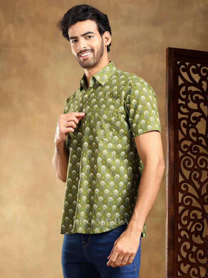 HASRAT GREEN COTTON HAND BLOCK SHIRT - Pomcha Jaipur
