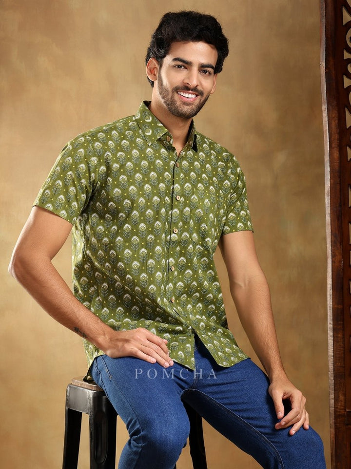 HASRAT GREEN COTTON HAND BLOCK SHIRT - Pomcha Jaipur