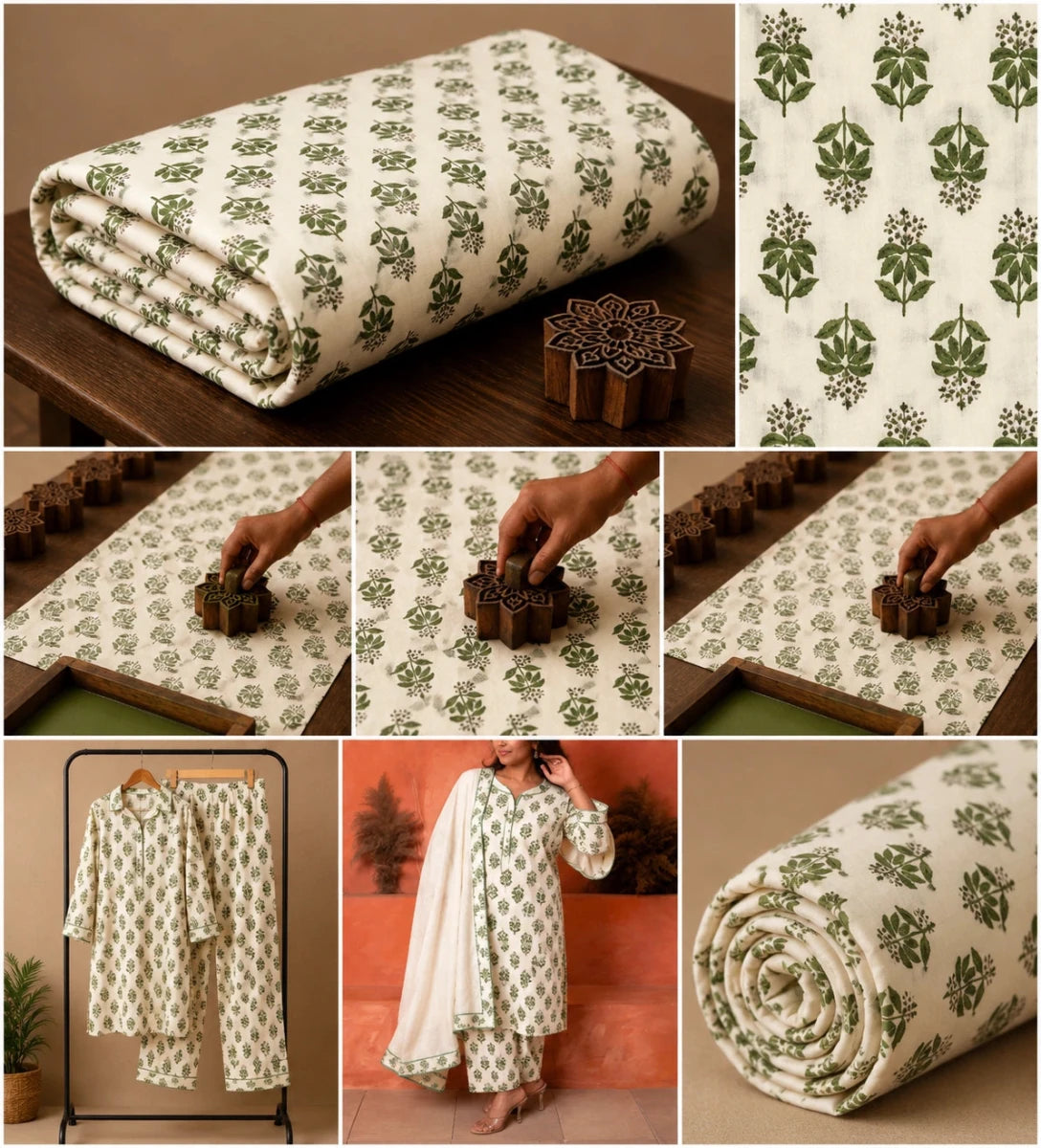 IVORY OLIVE BUTI HAND BLOCK PRINT COTTON FABRIC - Pomcha Jaipur
