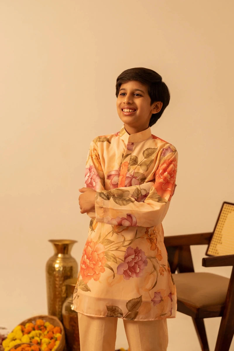 KHILKARI APRICOT PHOOL MUSLIN KURTA SET - Pomcha Jaipur