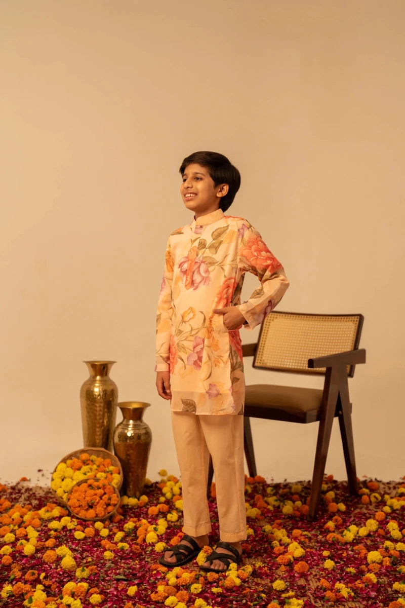 KHILKARI APRICOT PHOOL MUSLIN KURTA SET - Pomcha Jaipur