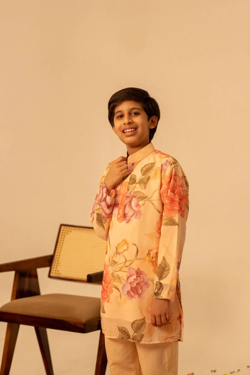KHILKARI APRICOT PHOOL MUSLIN KURTA SET - Pomcha Jaipur