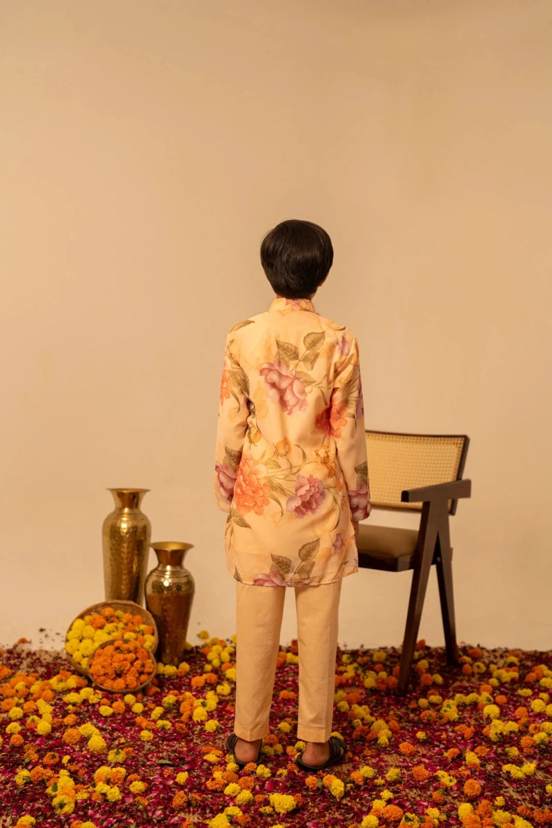 KHILKARI APRICOT PHOOL MUSLIN KURTA SET - Pomcha Jaipur
