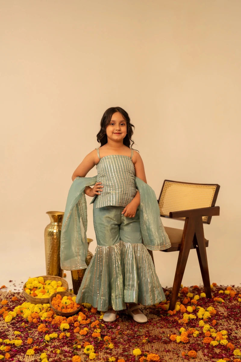 KHILKARI BLUE COSMO SHARARA SET - Pomcha Jaipur