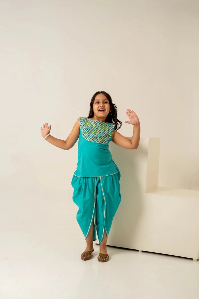 KHILKARI BREEZY TEAL COTTON KURTA SET - Pomcha Jaipur