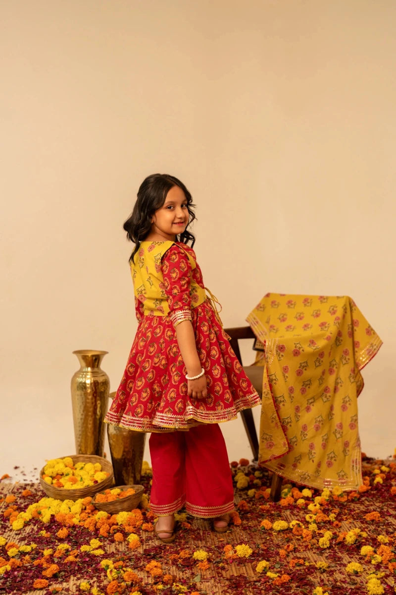 KHILKARI BUBBLY RED COTTON HAND BLOCK ANARKALI SUIT SET - Pomcha Jaipur