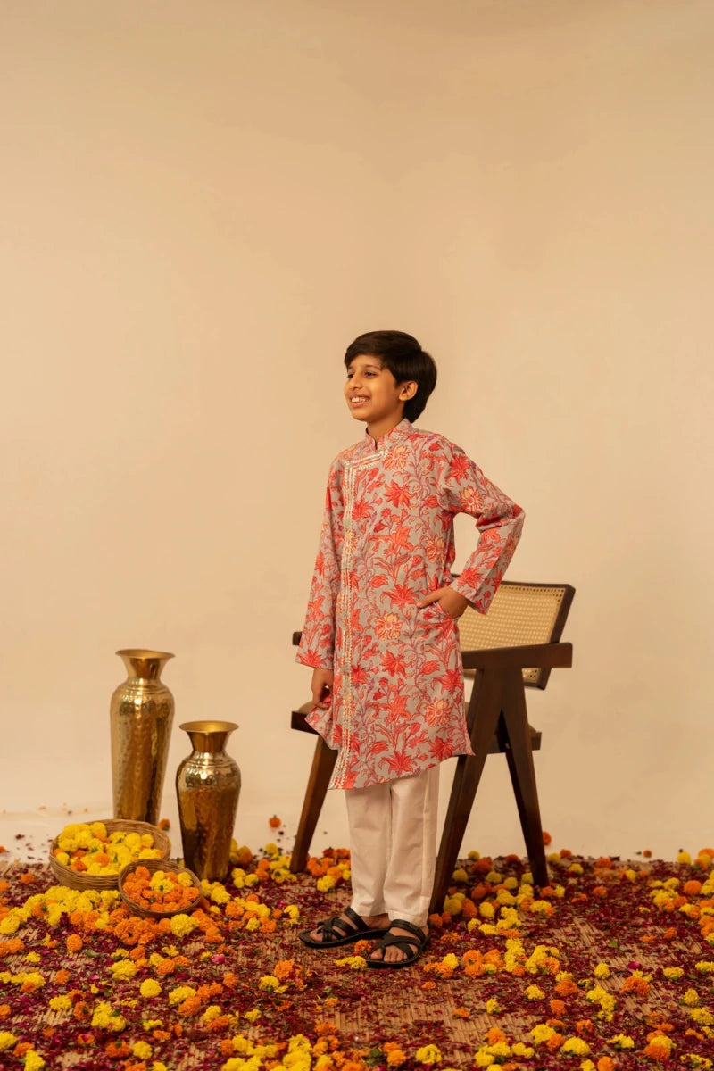 KHILKARI FLOWY FLOWERY COTTON ANGRAKHA KURTA SET - Pomcha Jaipur