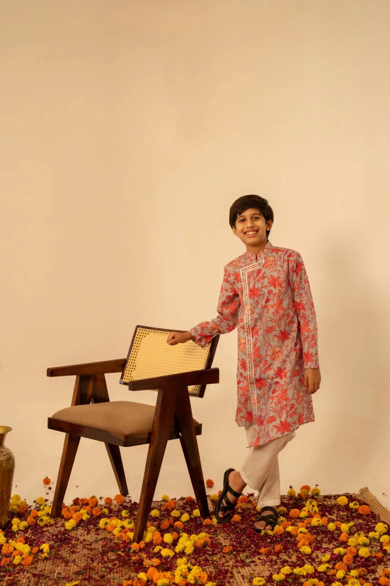 KHILKARI FLOWY FLOWERY COTTON ANGRAKHA KURTA SET - Pomcha Jaipur