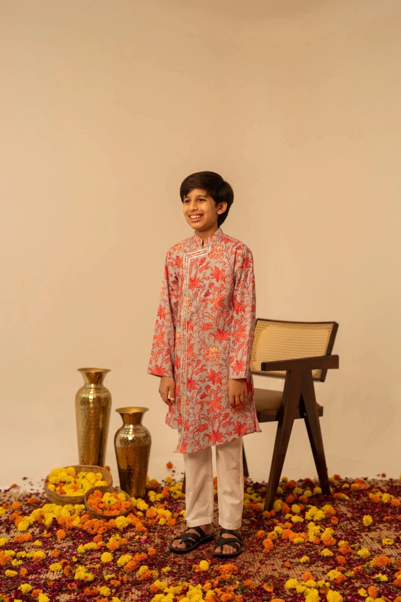 KHILKARI FLOWY FLOWERY COTTON ANGRAKHA KURTA SET - Pomcha Jaipur