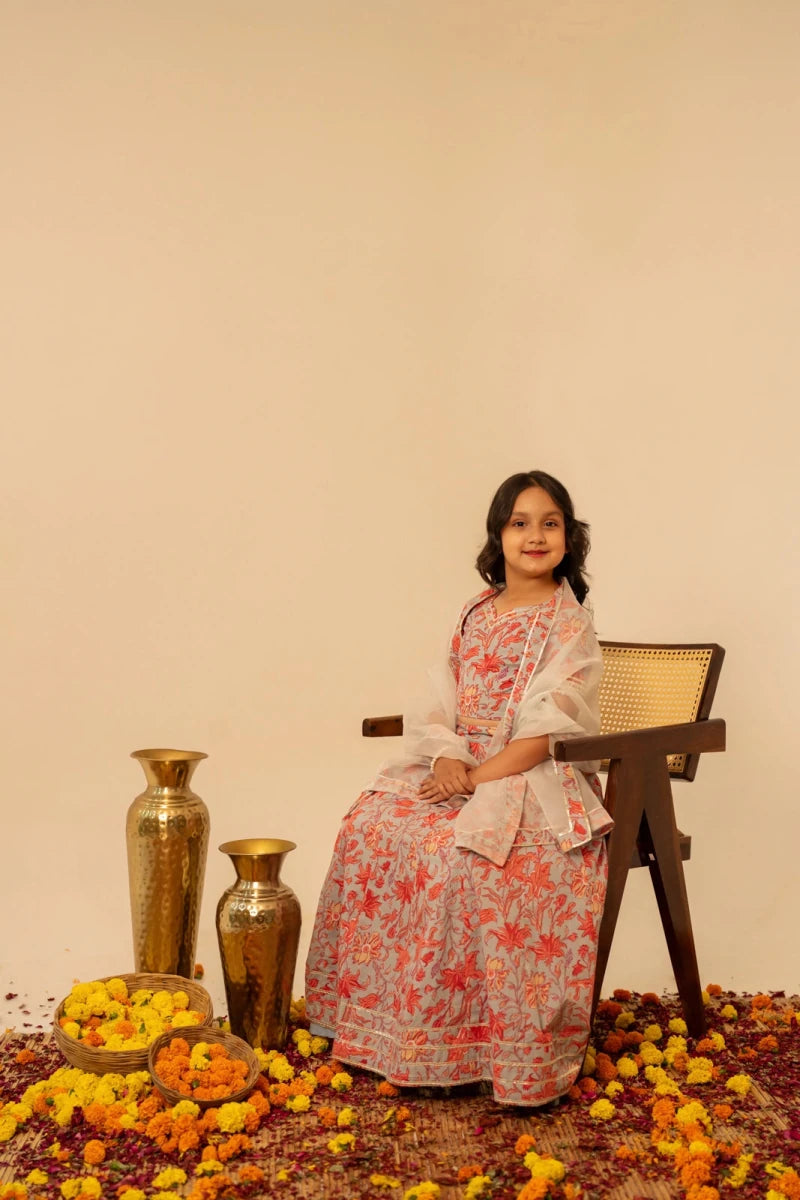 KHILKARI FLOWY FLOWERY COTTON LEHENGA SET - Pomcha Jaipur