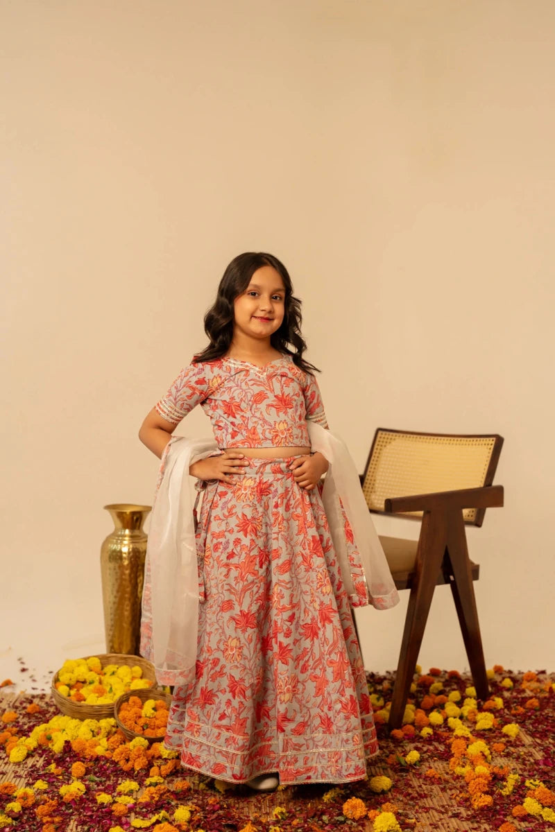KHILKARI FLOWY FLOWERY COTTON LEHENGA SET - Pomcha Jaipur