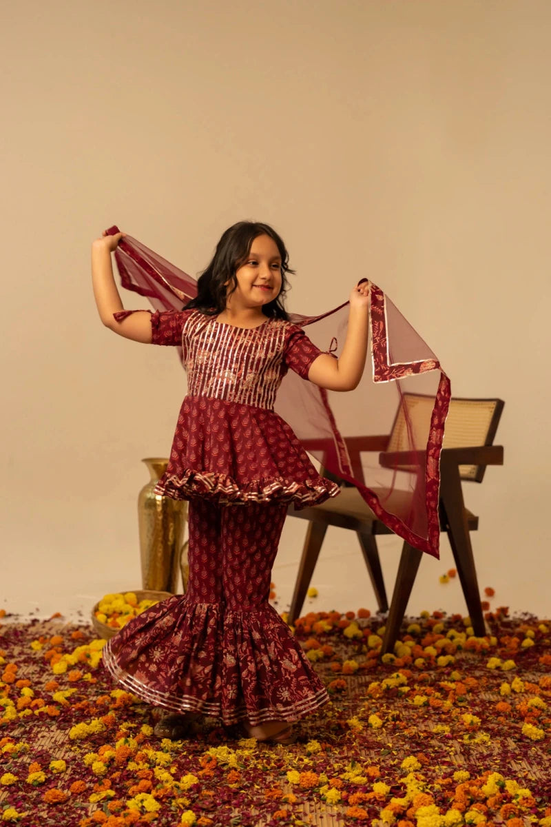 KHILKARI MAROON MAGIC HAND BLOCK PRINT COTTON SHARARA SET - Pomcha Jaipur