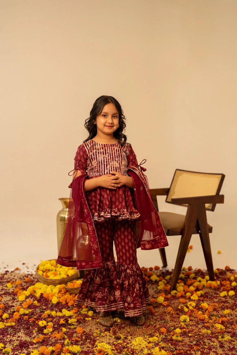 KHILKARI MAROON MAGIC HAND BLOCK PRINT COTTON SHARARA SET - Pomcha Jaipur