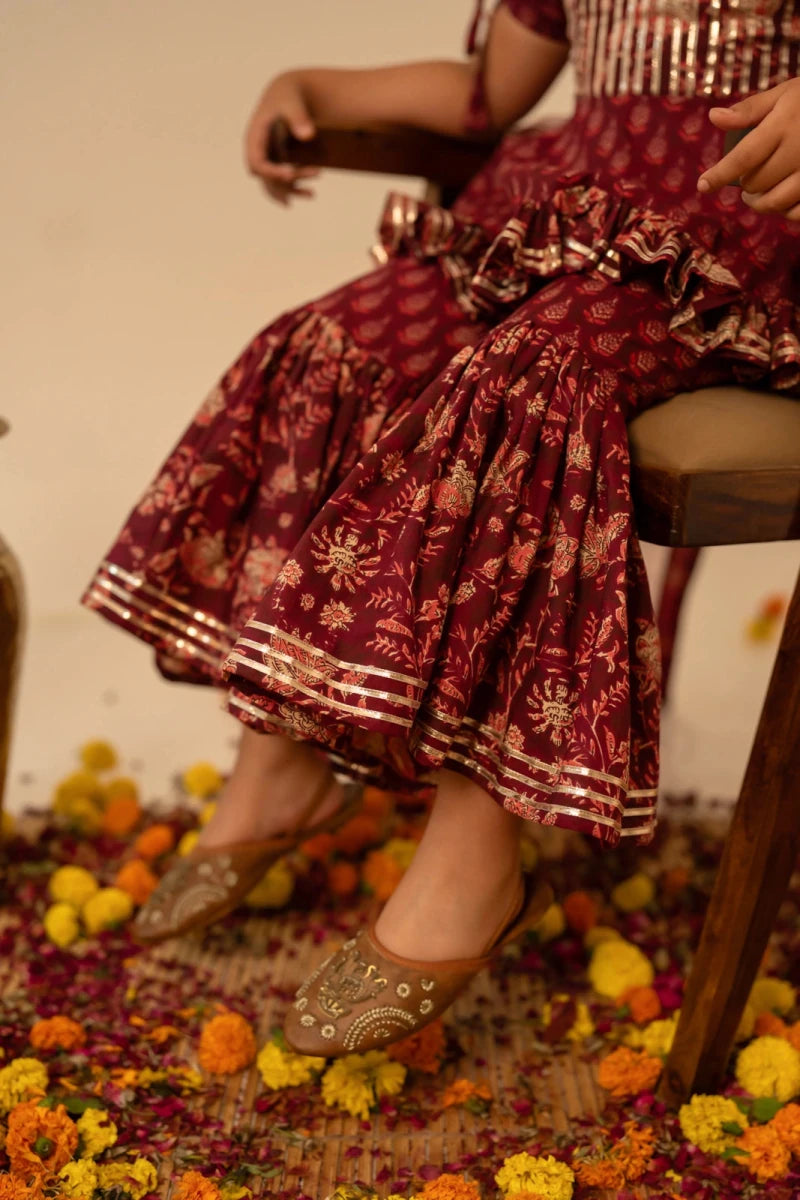 KHILKARI MAROON MAGIC HAND BLOCK PRINT COTTON SHARARA SET - Pomcha Jaipur