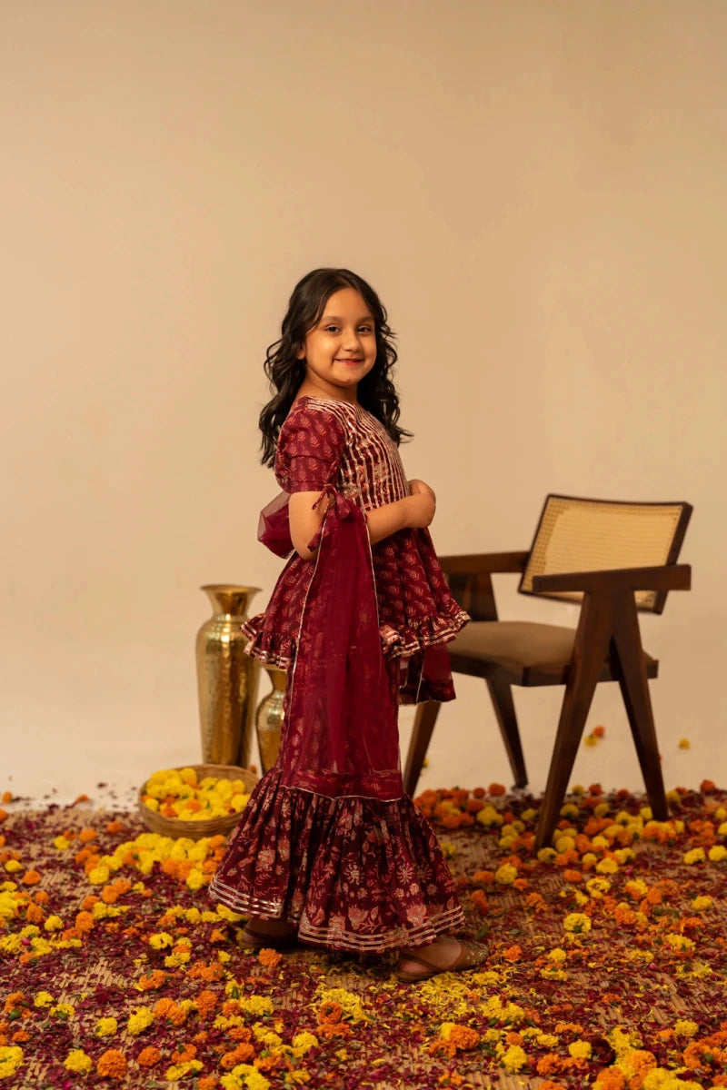KHILKARI MAROON MAGIC HAND BLOCK PRINT COTTON SHARARA SET - Pomcha Jaipur
