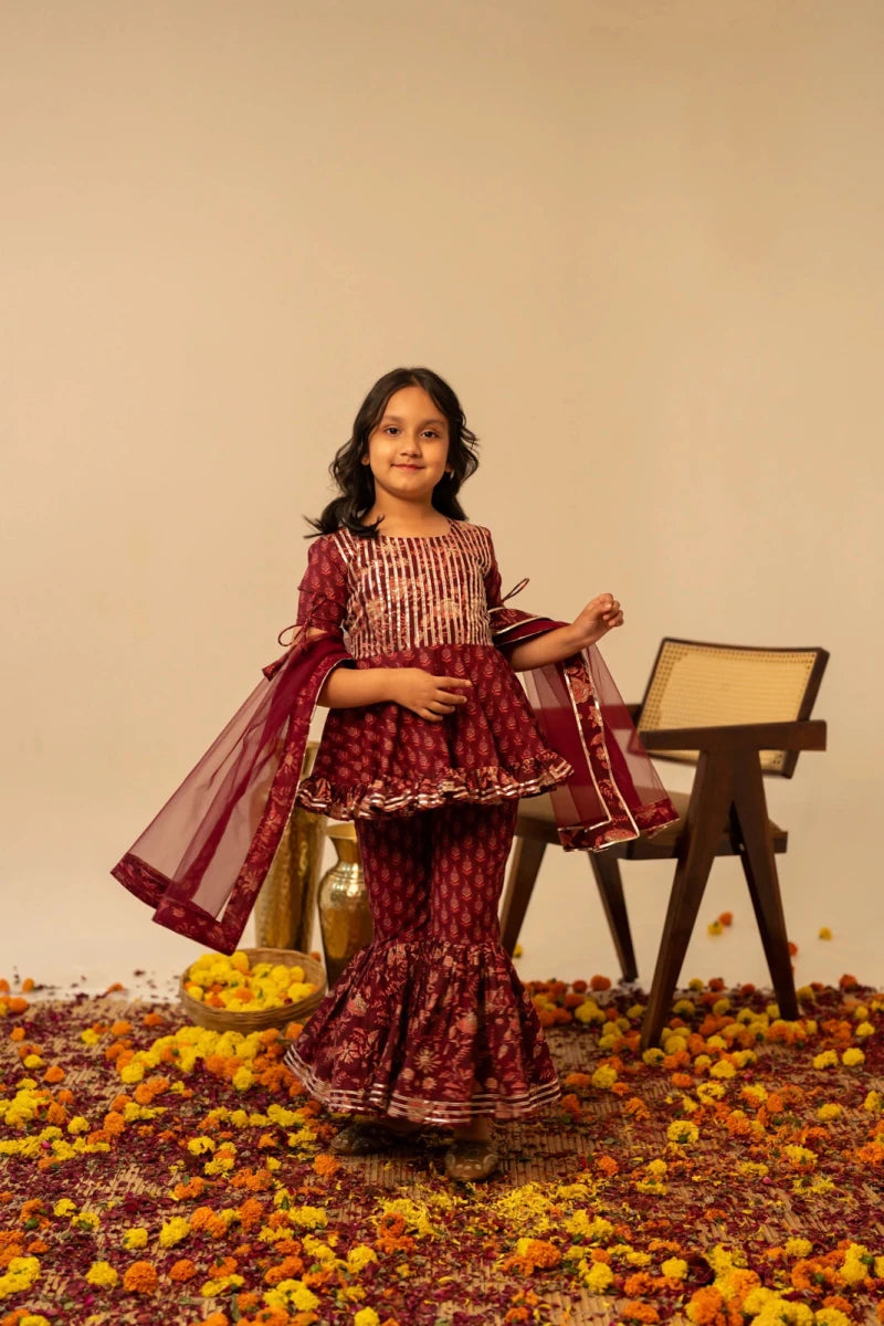 KHILKARI MAROON MAGIC HAND BLOCK PRINT COTTON SHARARA SET - Pomcha Jaipur