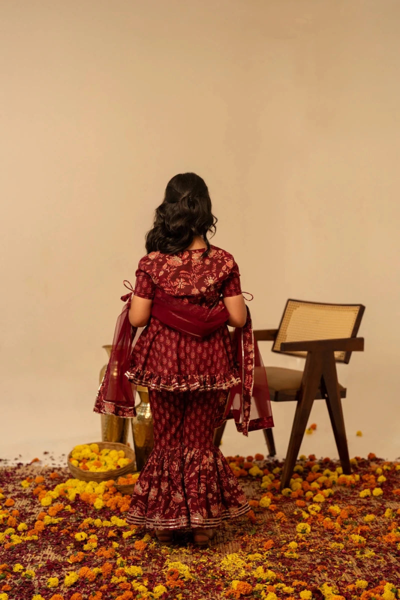KHILKARI MAROON MAGIC HAND BLOCK PRINT COTTON SHARARA SET - Pomcha Jaipur