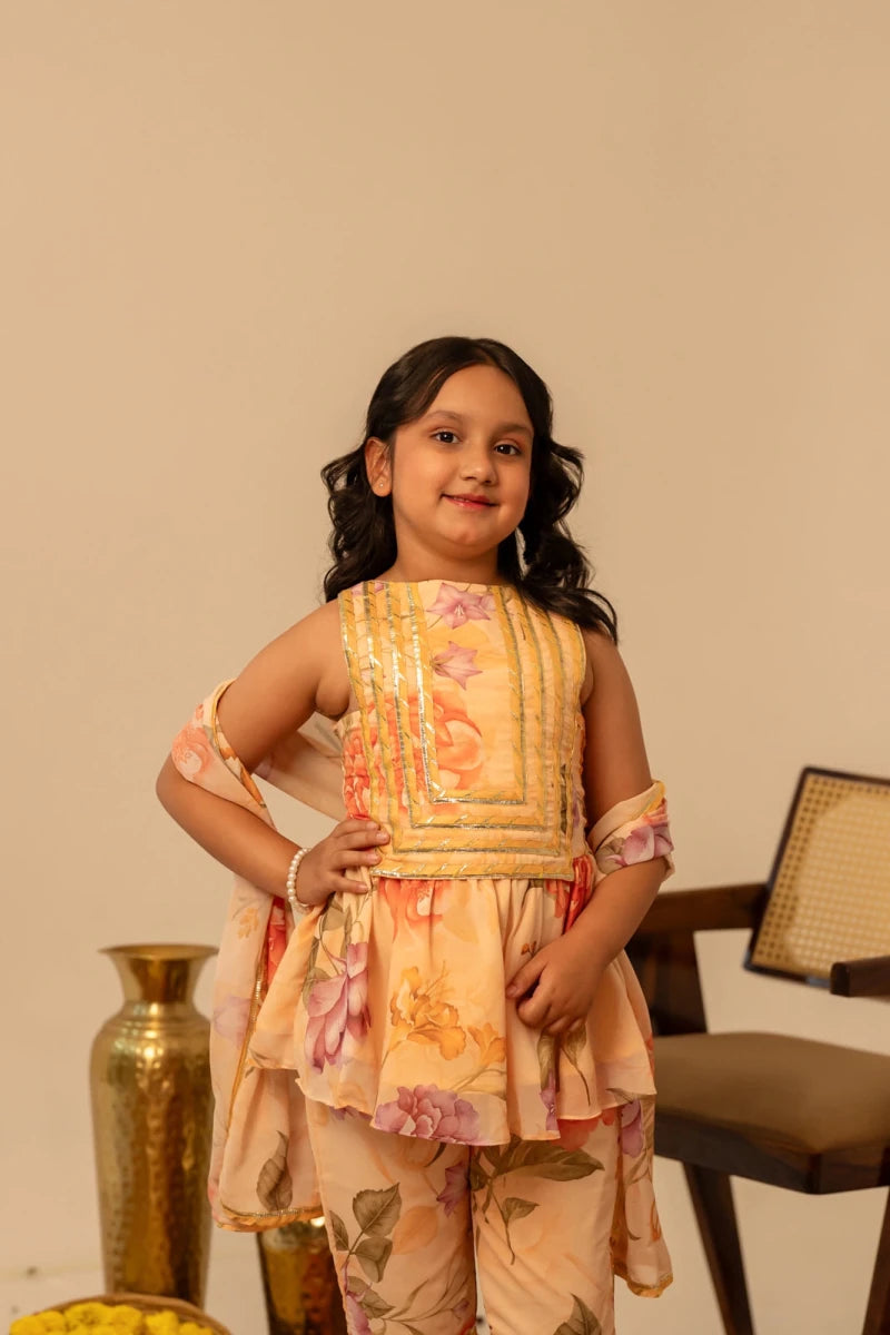 KHILKARI PEACH ANGLE MUSLIN SHARARA SET - Pomcha Jaipur