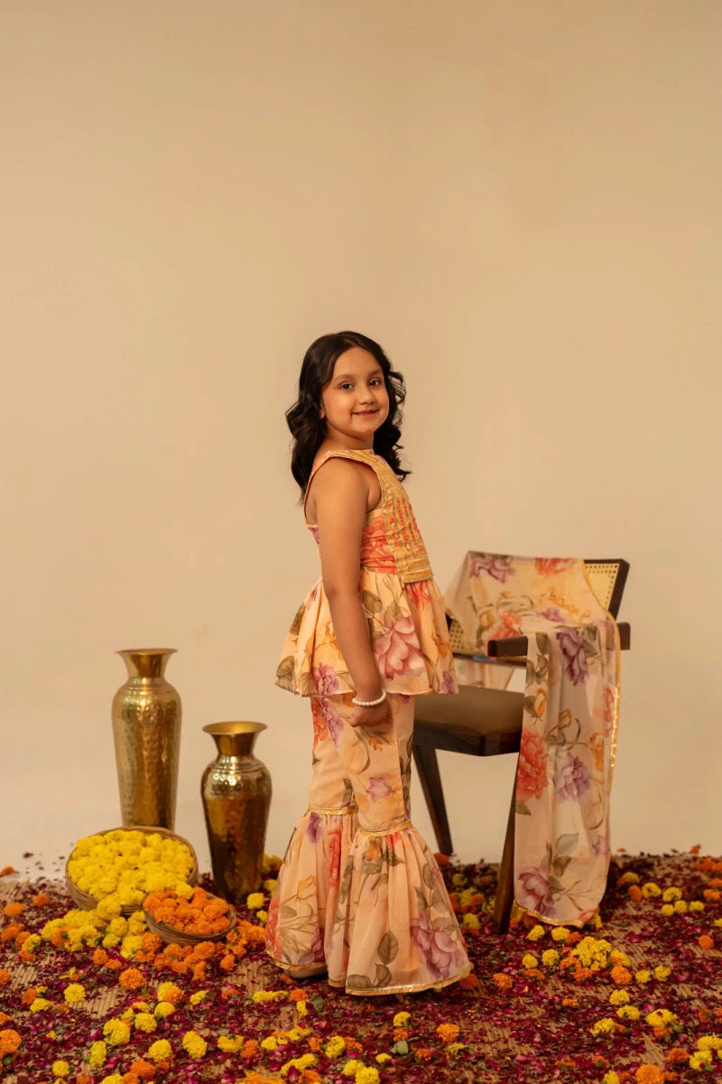 KHILKARI PEACH ANGLE MUSLIN SHARARA SET - Pomcha Jaipur