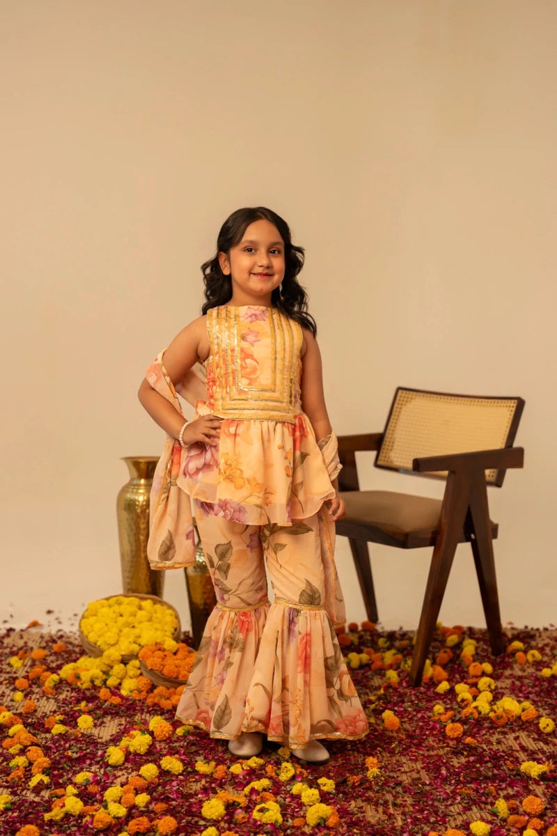 KHILKARI PEACH ANGLE MUSLIN SHARARA SET - Pomcha Jaipur
