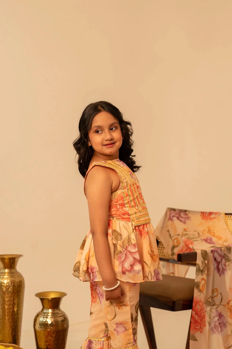 KHILKARI PEACH ANGLE MUSLIN SHARARA SET - Pomcha Jaipur