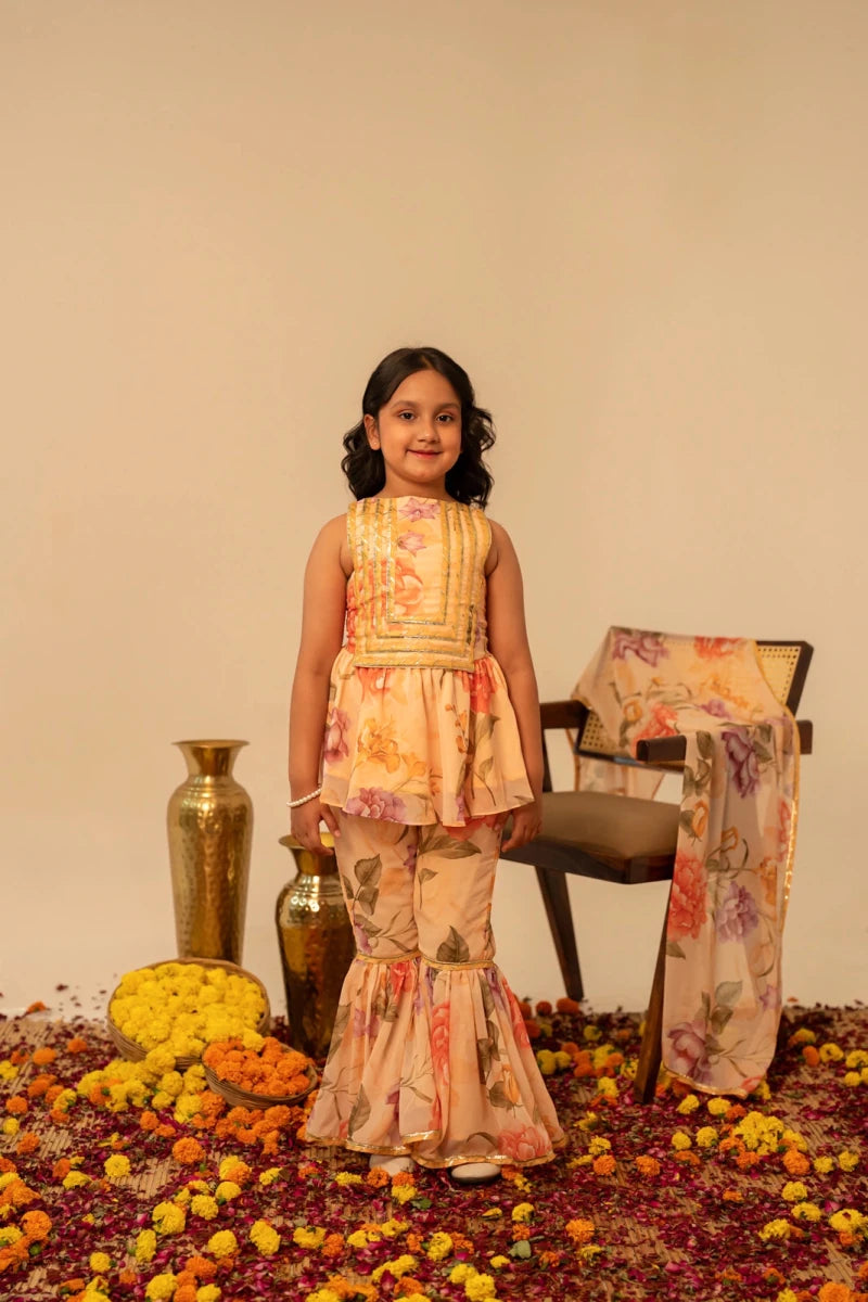 KHILKARI PEACH ANGLE MUSLIN SHARARA SET - Pomcha Jaipur