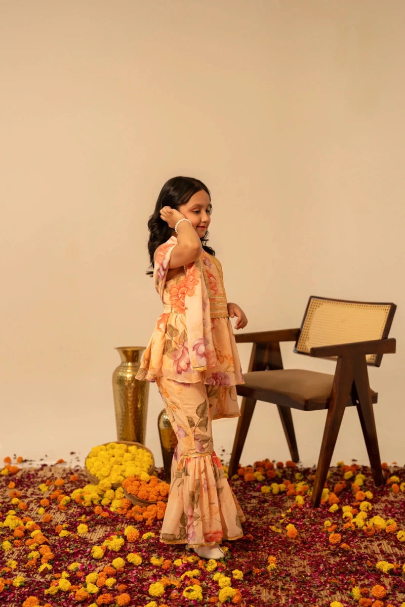 KHILKARI PEACH ANGLE MUSLIN SHARARA SET - Pomcha Jaipur